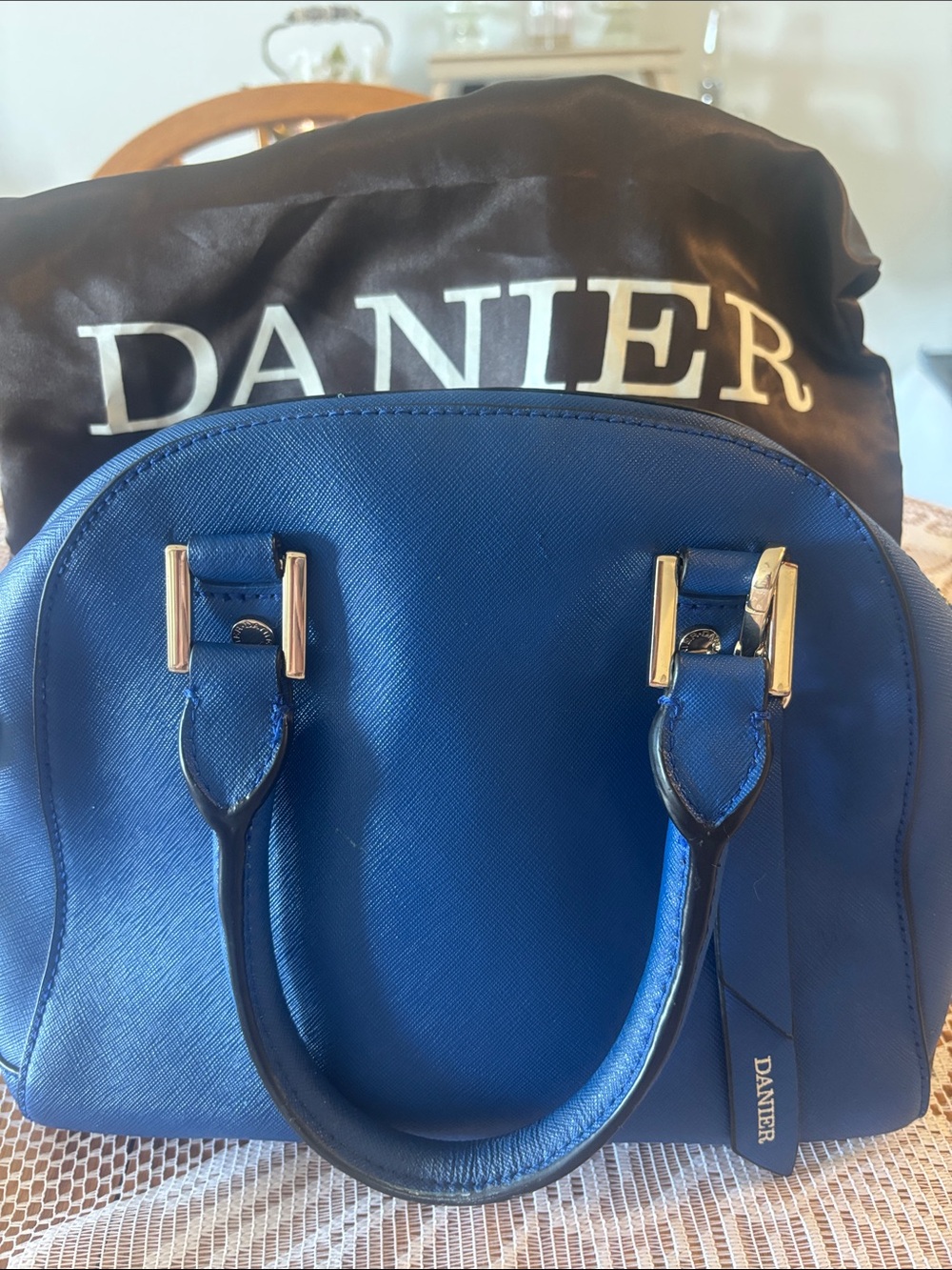 Danier Royal Blue Saffiano Leather Satchel with Gold Hardware